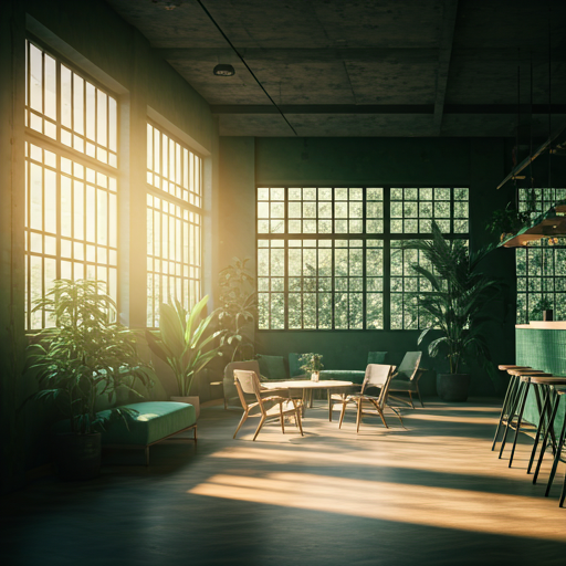 A sun-drenched, modern hostel common area with high ceilings, lush green indoor plants, and clean minimalist furniture. Warm afternoon sunlight streams through large industrial-style windows, highlighting a palette of forest greens and soft wood tones.